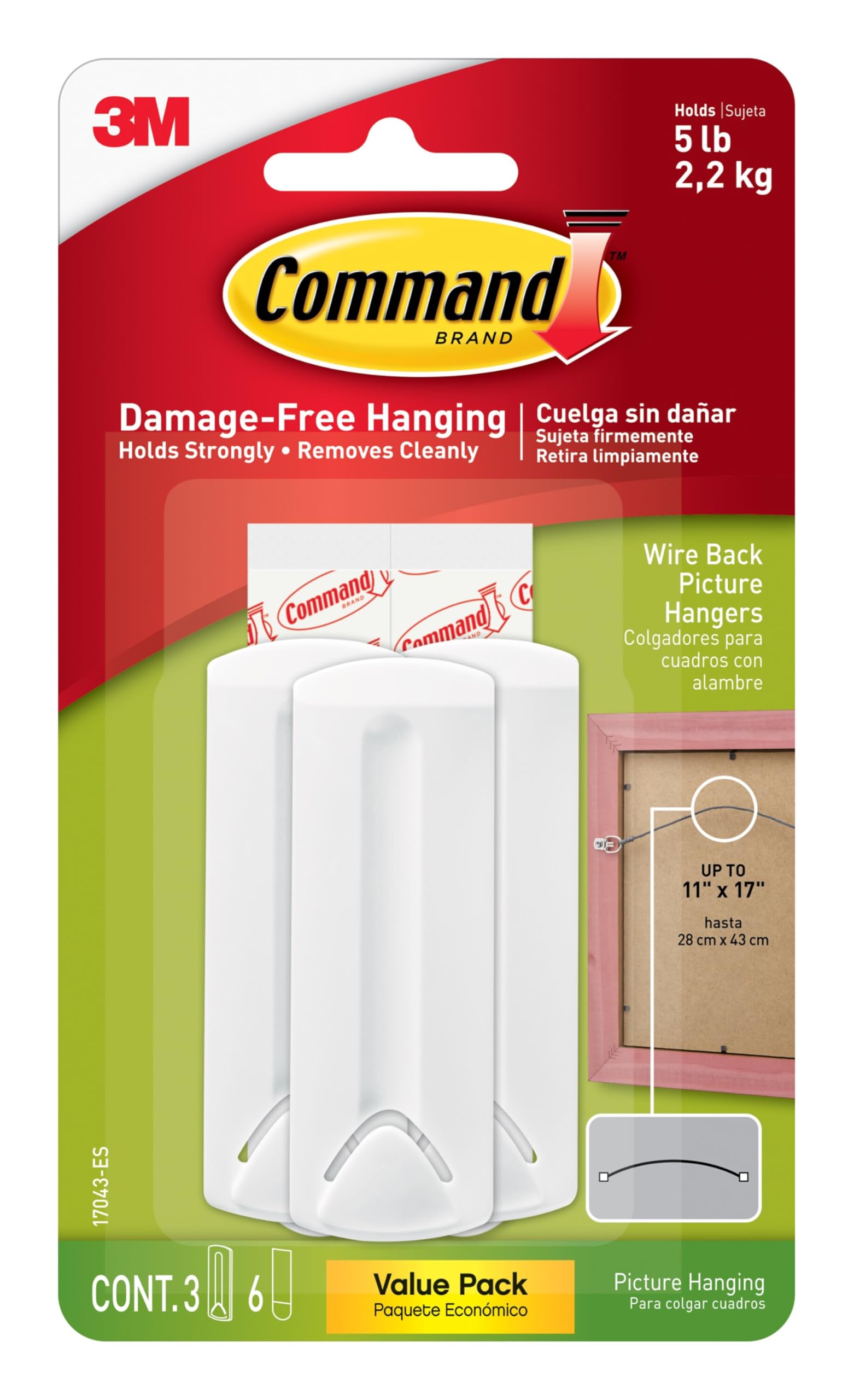 CommandWire Back Hangers, Holds up to 3 lb, 3 Hangers with 6 Command Strips, Damage Free Hanging Picture Hangers for Wire Back Frames up to 11" x 17", No Tools Frame Hanger for Living Spaces