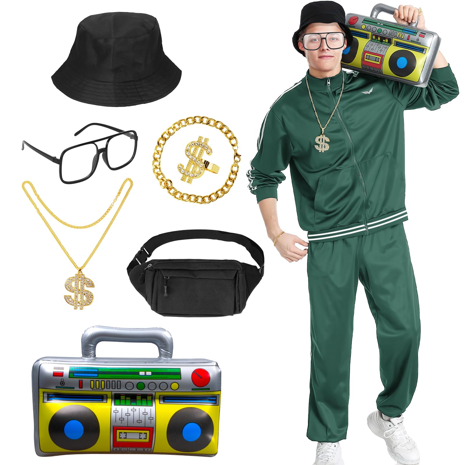 9 Pcs 80s Tracksuit for Men Halloween Costumes Retro Windbreaker Outfit 90s Mens Track Suits Sportswear for Halloween Carnival Party Disco Party Costumes (Green