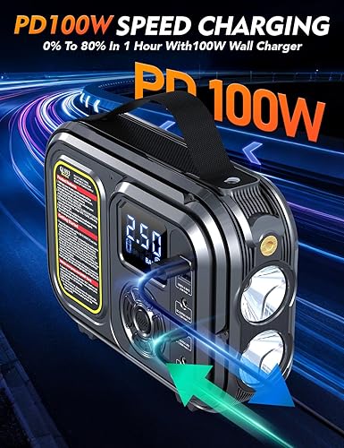 Miniatura 8 de Arrancador con luz de campamento inflador de aire, pico de 6000 A, batería ultrasafe de 12 V, 20000 mAh, para todos los motores diésel de gas10L,