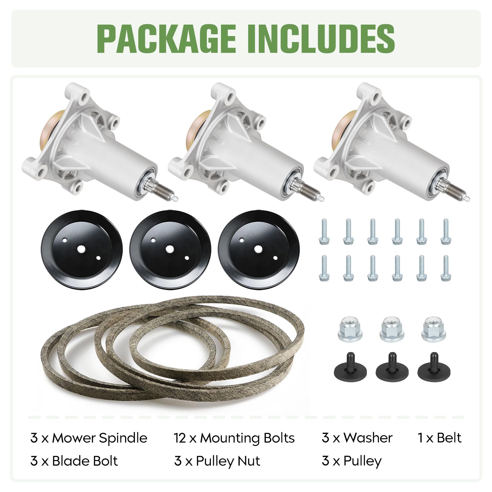 Kit de reconstrucción de cubierta de cortadora de césped de 54 pulgadas compatible con 3 conjuntos de husillos 187292, 3 poleas estriadas 197473, 3 cuchillas 187256, 1 correa 196103