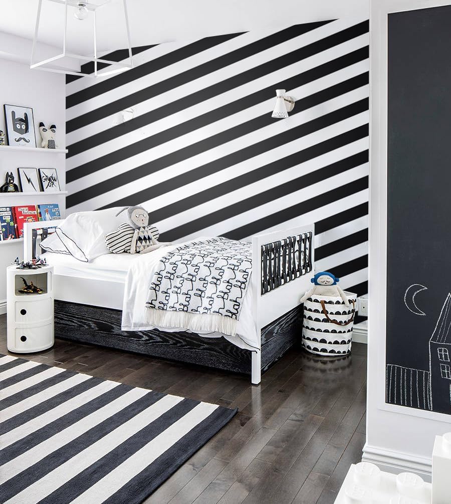 Erfoni 17.7"x394" Striped Peel and Stick Wallpaper Classic Black and White Wall Paper Black Self Adhesive Contact Paper Modern DIY Stripe Removable Wallpaper for Bathroon Kitchen Wall Decor Vinyl Roll