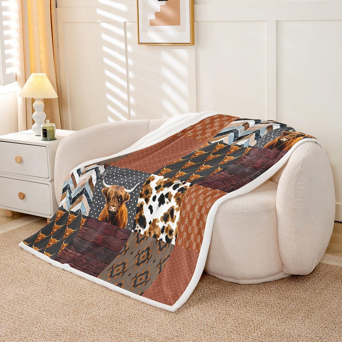 Highland Cow Throw Blanket Cowhide Print Wild Animal Decor Fleece Blanket for Kids Teens Adults Retro Grid Stripes Rustic Farmhouse Style Flannel Blanket for Housewarming Throw 50x60