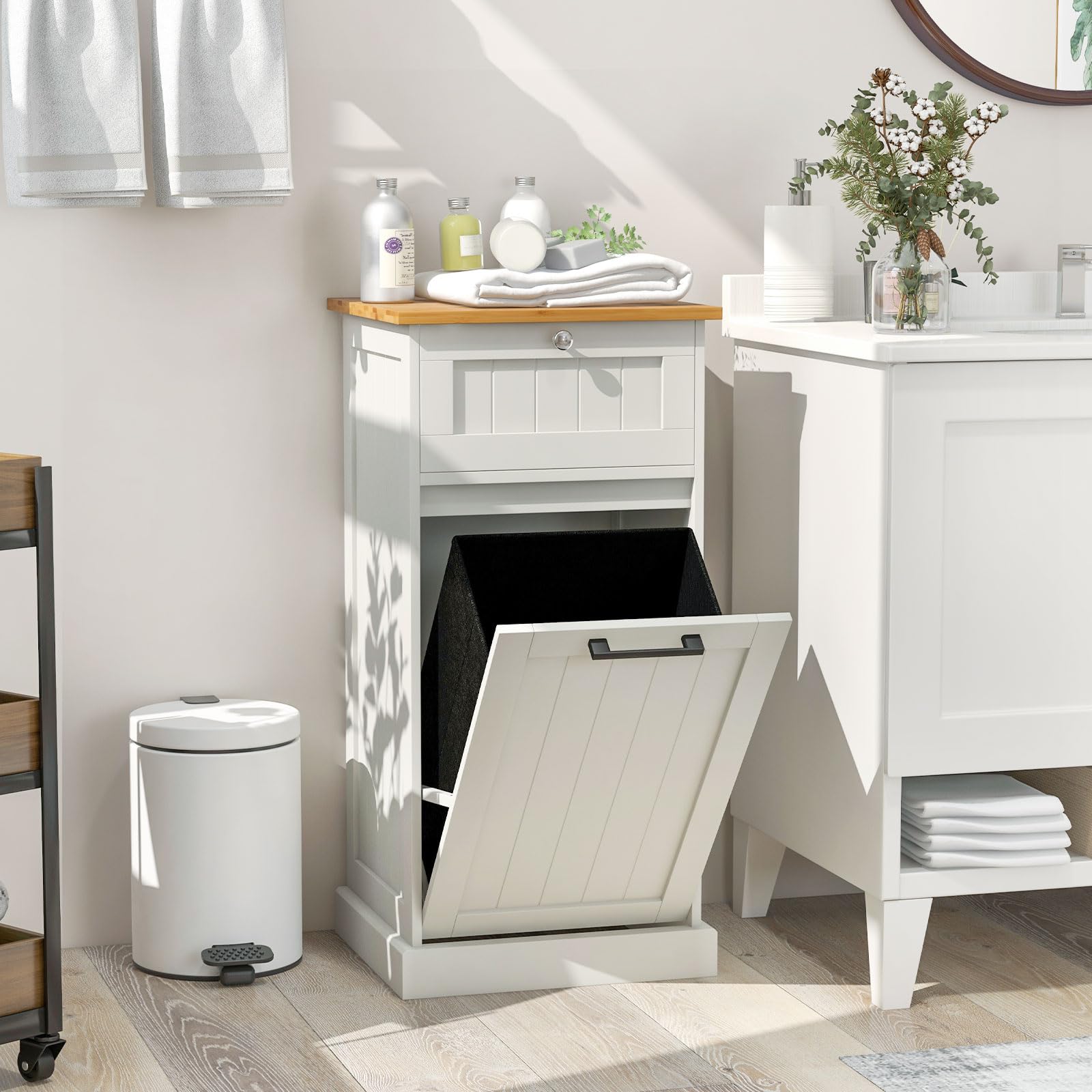 KOMFOTTEU Armario de Cocina con Soporte para Cubos de Basura, Aparador Bajo con Puerta Inclinable y Cajón, Mueble de Almacenamiento para Baño, Lavandería (Puerta única)