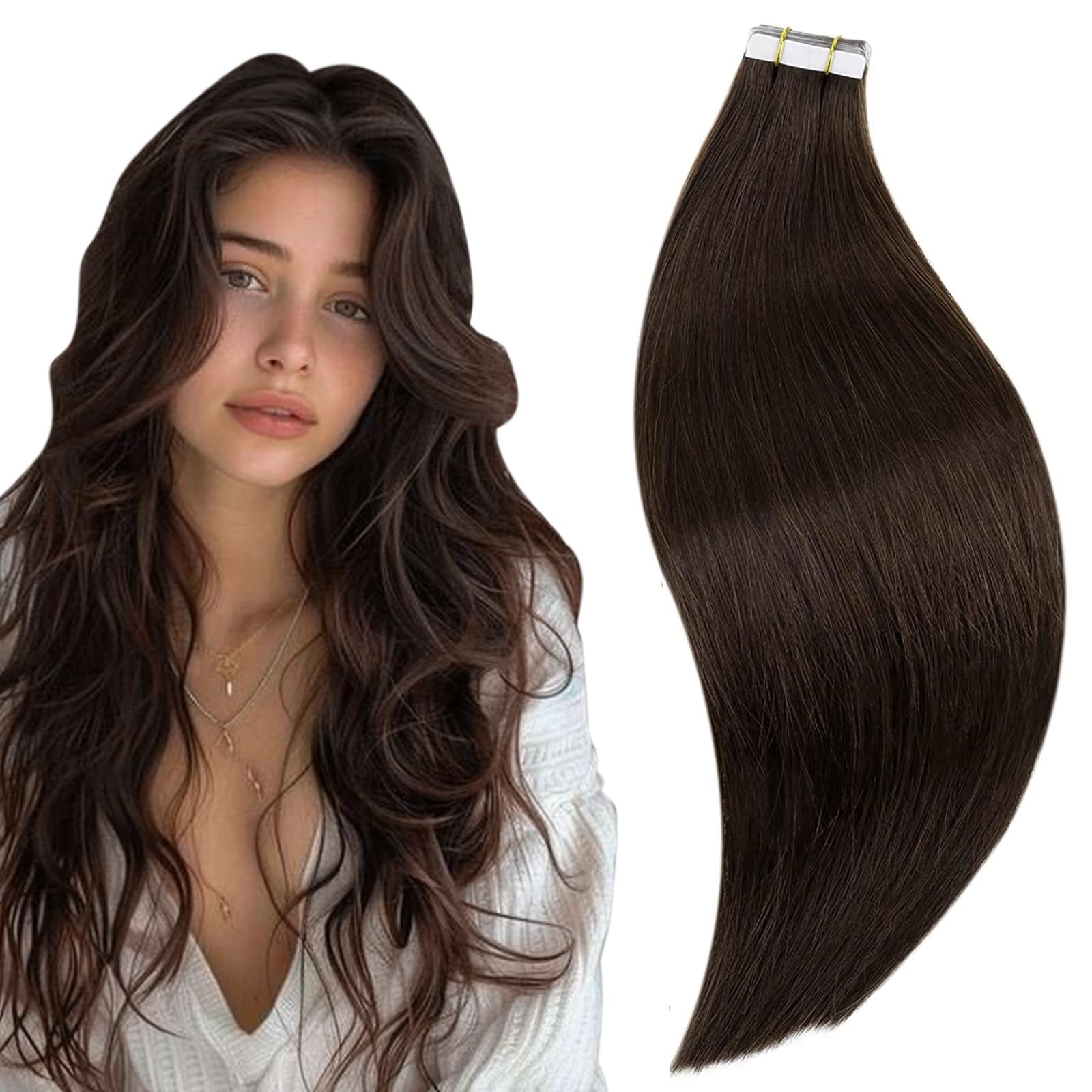 RUNATURE Tape in Hair Extensions Human Hair Dark Brown Tape Hair Extensions Real Human Hair 28 Inch Invisible Tapes Remy Straight Darkest Brown Hair 20pcs 50g #2