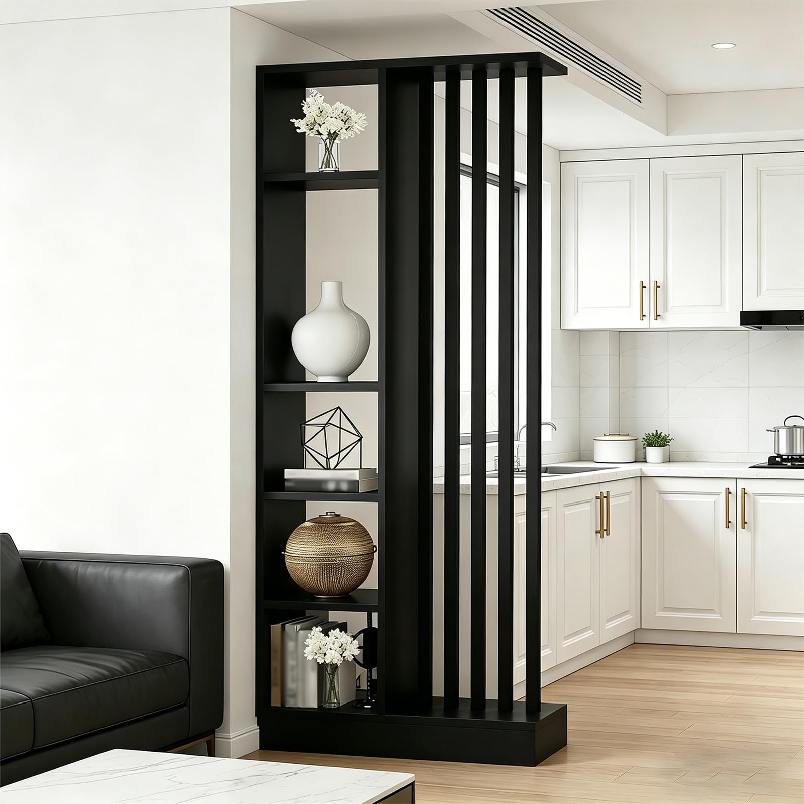 Wall Room Divider with Storage Shelf, Entrance Hall Partition Screen Column Floor to Ceiling, Made of Solid Wood, Easy to Assemble, Suitable for Home or Office Decoration (Black + Black, 31.5in/80cm)