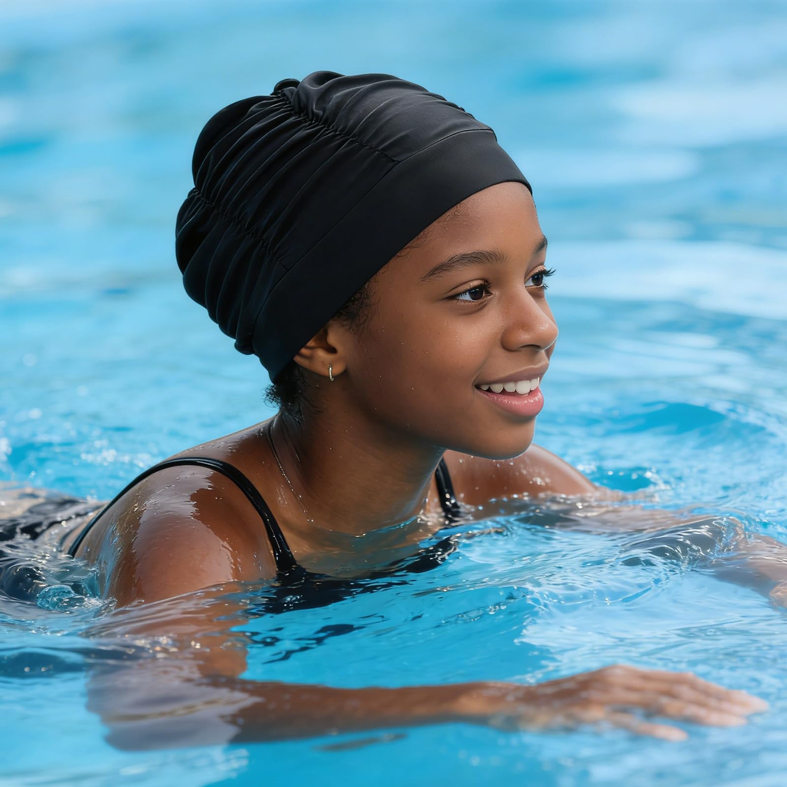Cuffia da nuoto da donna, 2 pezzi, in tessuto elastico in poliestere, traspirante, per donne e capelli spessi, estivi, piscina coperta, spiaggia, vacanze