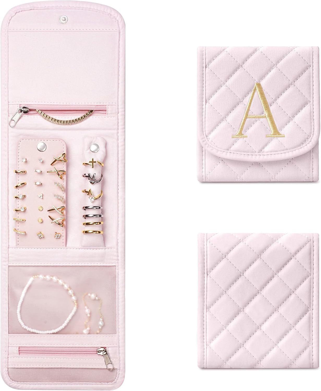 YOOLIFE Initial Travel Jewelry Case Organizer Roll Gifts for Women, Pink A