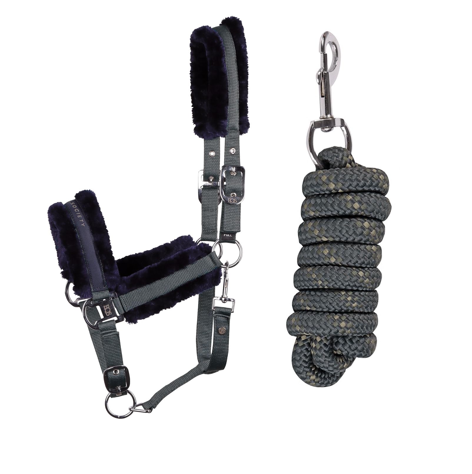 JA4003 Ensemble de licol et longe avec boucle de mousqueton réglable en fausse fourrure pour cheval (Bleu marine/Bleu marine, Full)