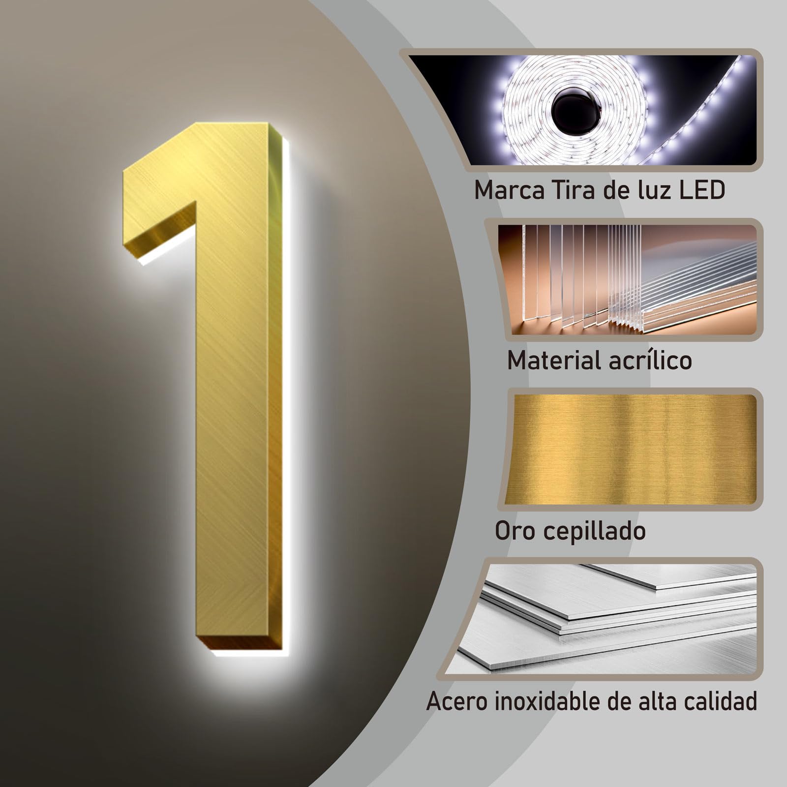 Número LED acero inox cepillado dorado Resistente y elegante (7,8 Inch)