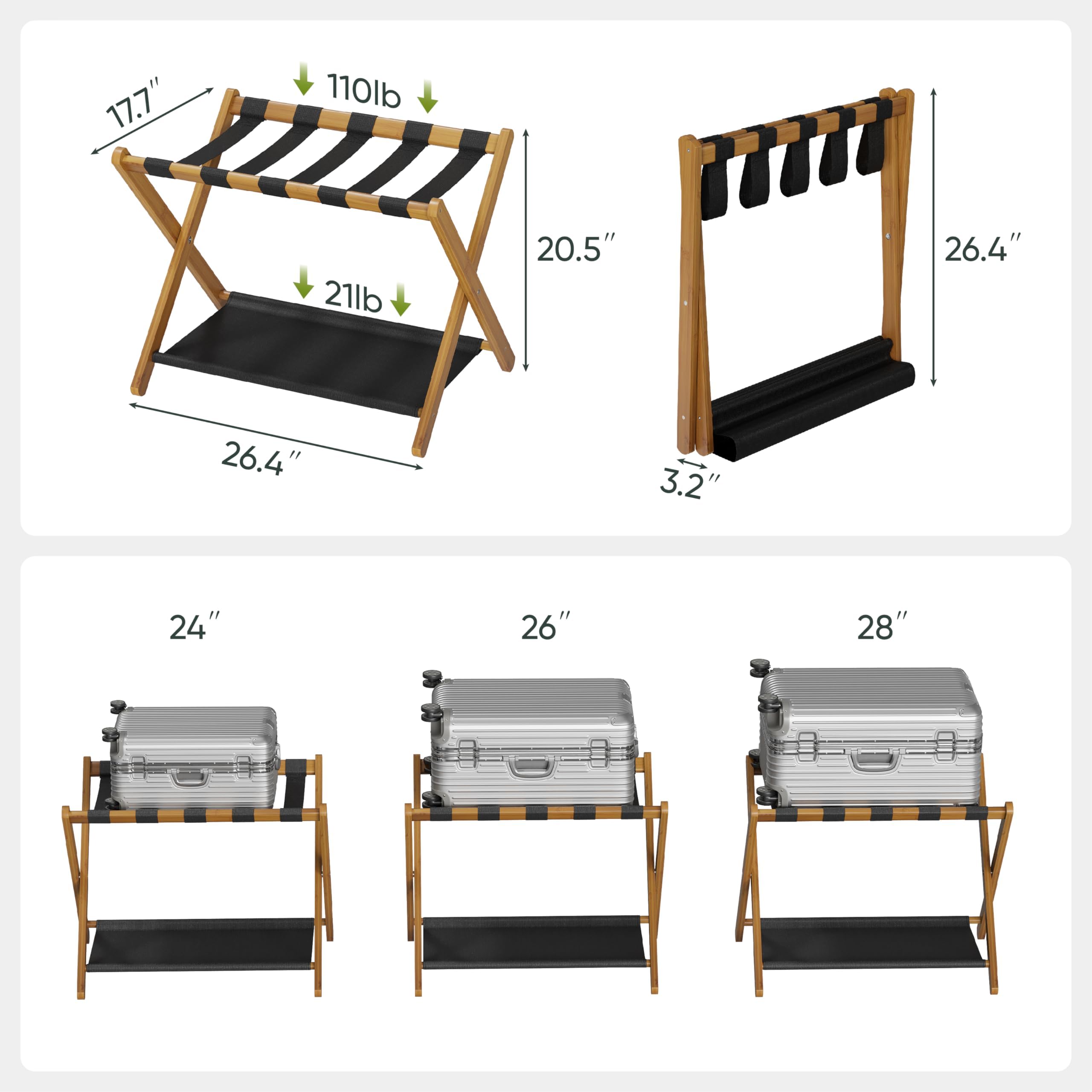 Smart FENDEE Paquete de 2 portaequipajes, soporte plegable para maleta con estante de almacenamiento, soporte de equipaje de bambú resistente que se adapta a la mayoría de tamaños de equipaje, soporta