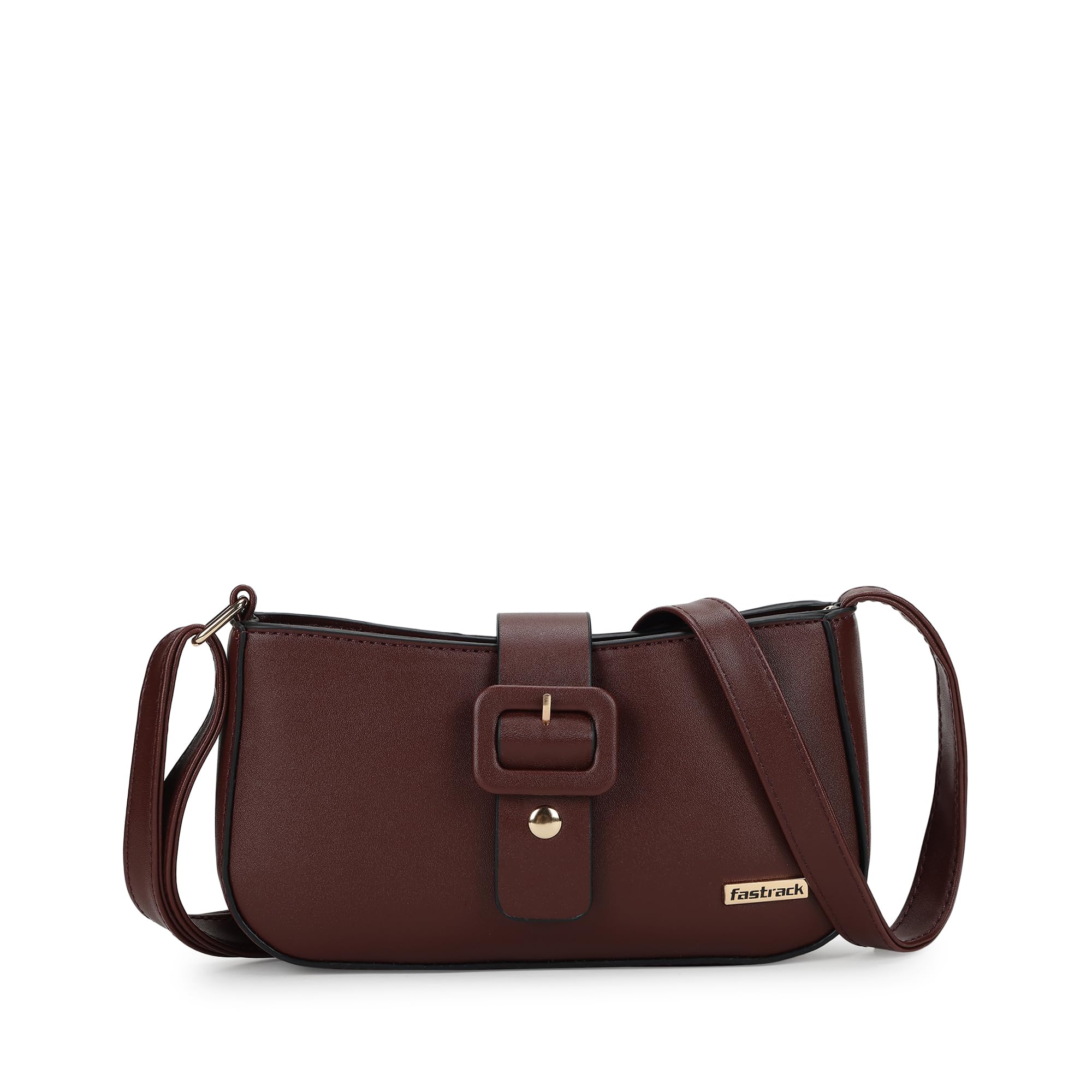 Women's Buckle Detail Sling Bag with Flap and Top Zip Closure | Adjustable Sling Belt and Inner Zip Pocket | Stylish Everyday Bag | Trendy Women's Handbags, Brown