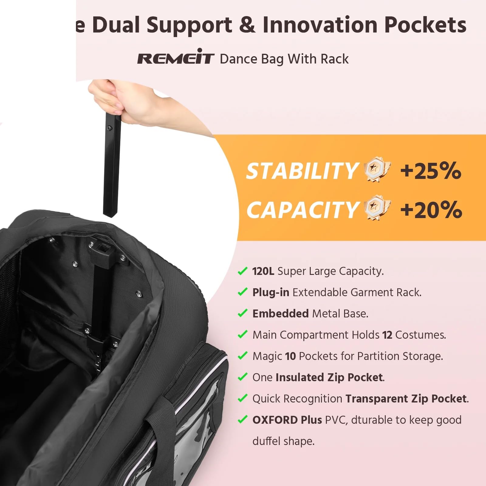 Bagasin Borsa da danza con supporto per abiti, 28" – borsone trolley per costumi da danza, borsa da viaggio con appendiabiti, borsa porta abiti per competizioni di danza (Nero)