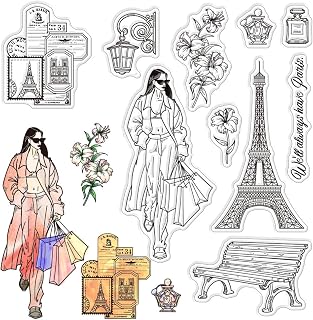 CRASPIRE Paris Architecture Clear Rubber Stamps Stylish Woman Benches Street Lamps Postcard Flowers Perfume Word Transparent Vintage Postmark Silicone Seals Stamp Journaling Card Making DIY