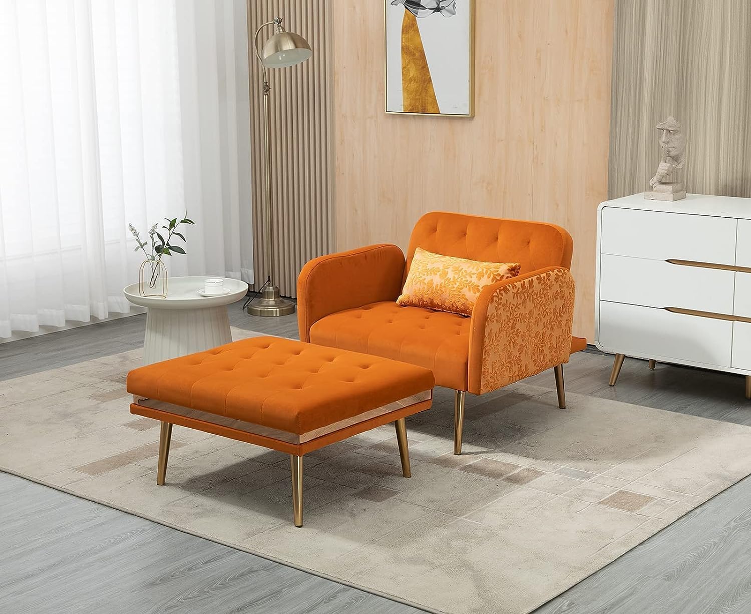 Sillón tumbona 2 en 1, silla convertible de terciopelo con 3 ángulos reclinables, sofá interior con otomana y una elegante almohada, silla