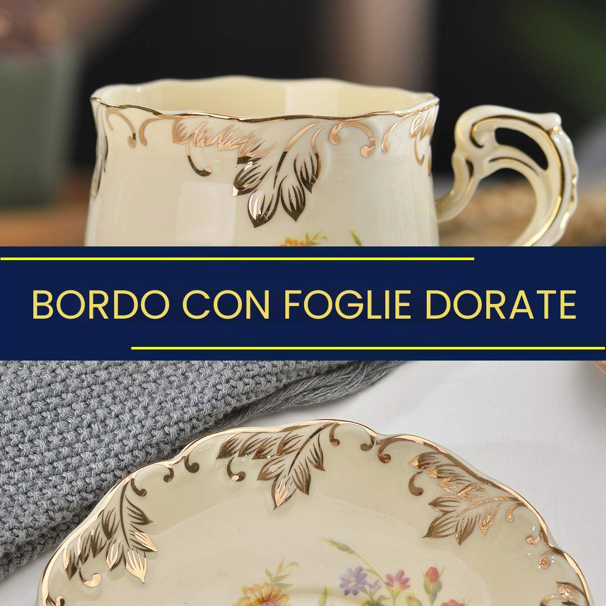 YOLIFE Set di 2 tazze da tè in ceramica color avorio, tazza da tè inglese con piattino, bordo con foglie dorate