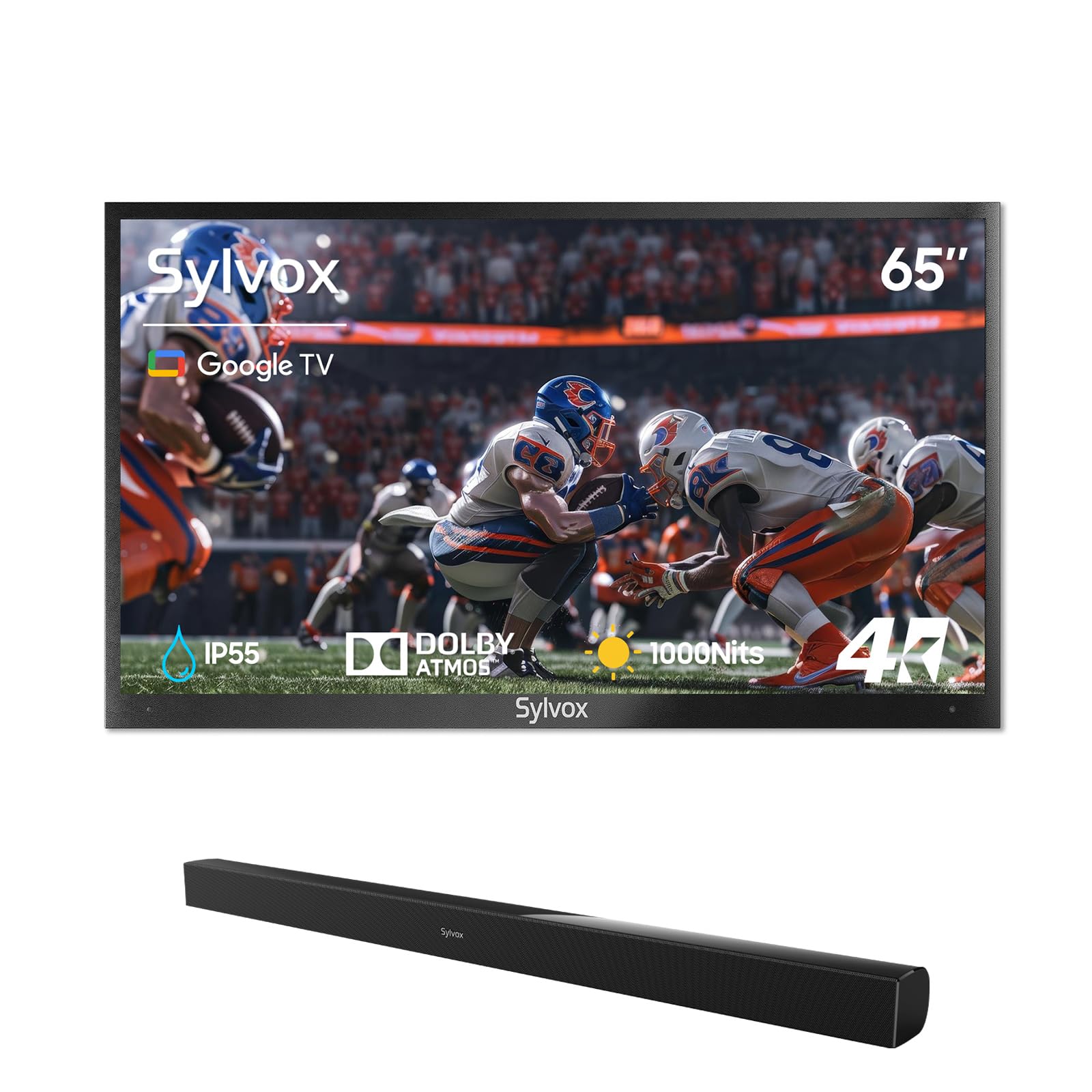 SYLVOX 65-Inch Outdoor TV with Soundbar 4K HDR10 Weatherproof 1000 nits Voice Assistant Remote for Partial Sun Area