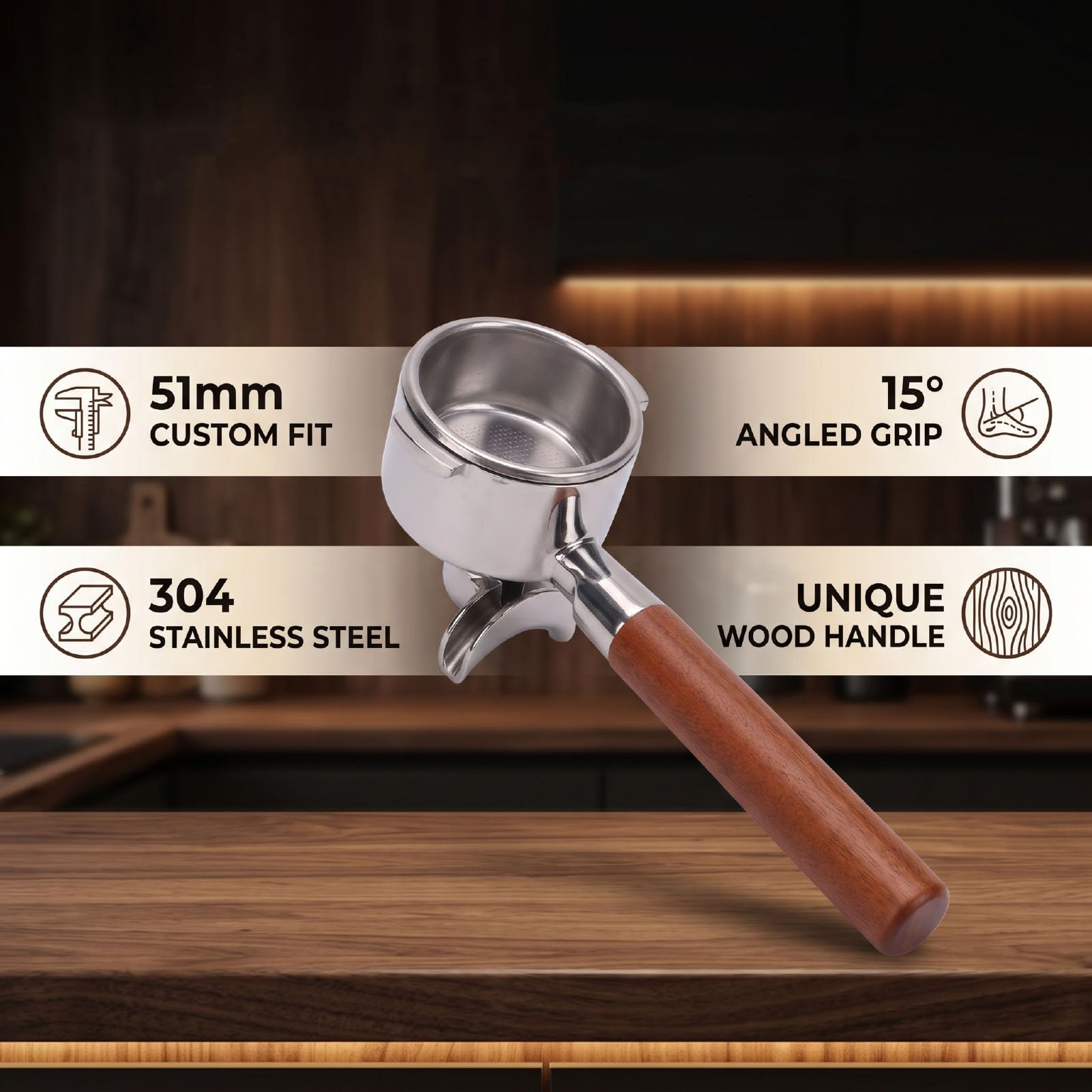 Portafiltro da 51 Mm, Manico in Legno in Acciaio Inossidabile