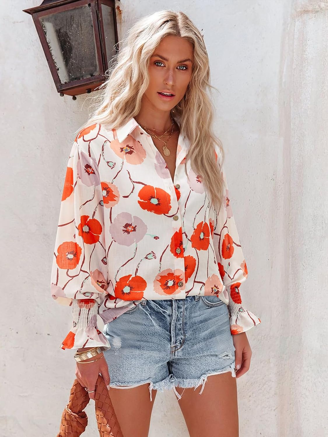 Linen Shirts for Women Button Down Shirt Summer V Neck Collared Long Sleeve Smocked Cuffed Floral Casual Cute Blouse Top - Image 5