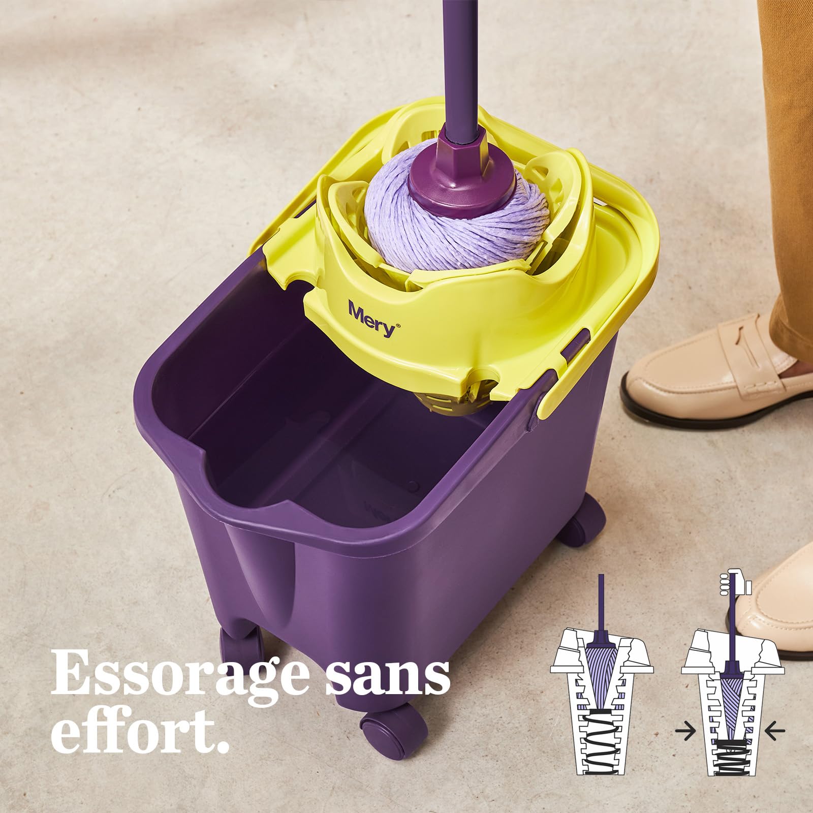 Mery | Ensemble Seau+vadrouille+bâton | Poubelle à roulettes Automatique Violet et Citron Vert, 14 L | Vadrouille absorbante en Microfibre | Perche télescopique en Acier plastifié