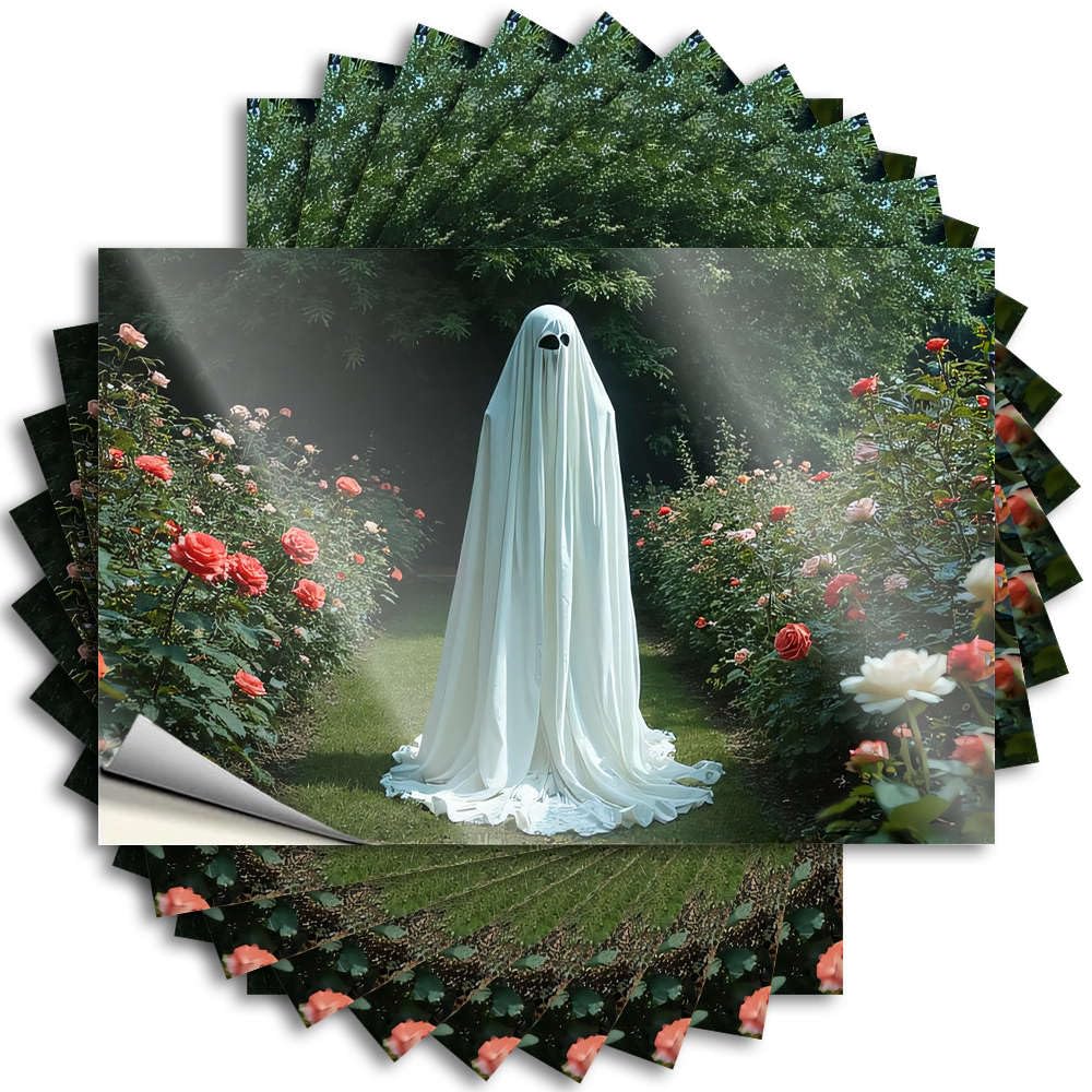 A Ghostly Figure Stands Amidst Vibrant Rose Bushes Aesthetic Quote | Camper Van Accessories Waterproof Vinyl Hat Football Removable Decal Peel Stick(12X18CM)
