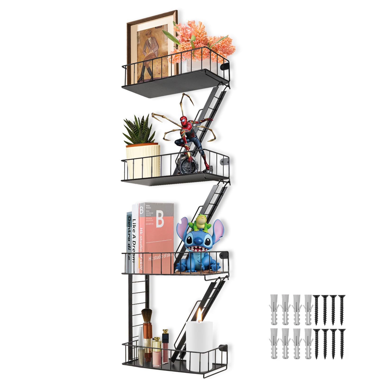 INPARALLUV Fire Escape Shelf Fire Escape Wall Shelf Wall Mounted Floating Shelf Black Metal Shelf 4 Tier