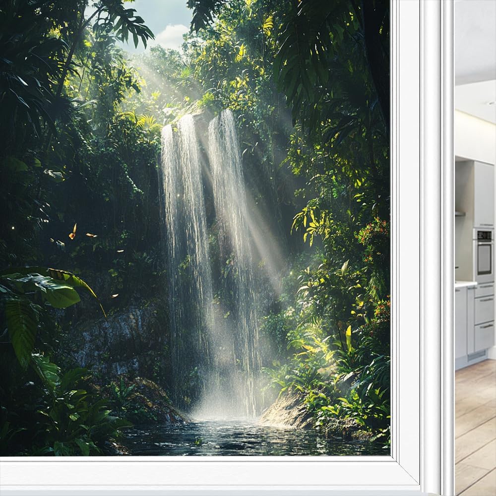 Beautiful Tropical Waterfall Window Film Privacy Modern Forest Valley Scenery Decorative Stained Glass Decal for Home, Adhesive Window Sticker 35.4Wx63L inch