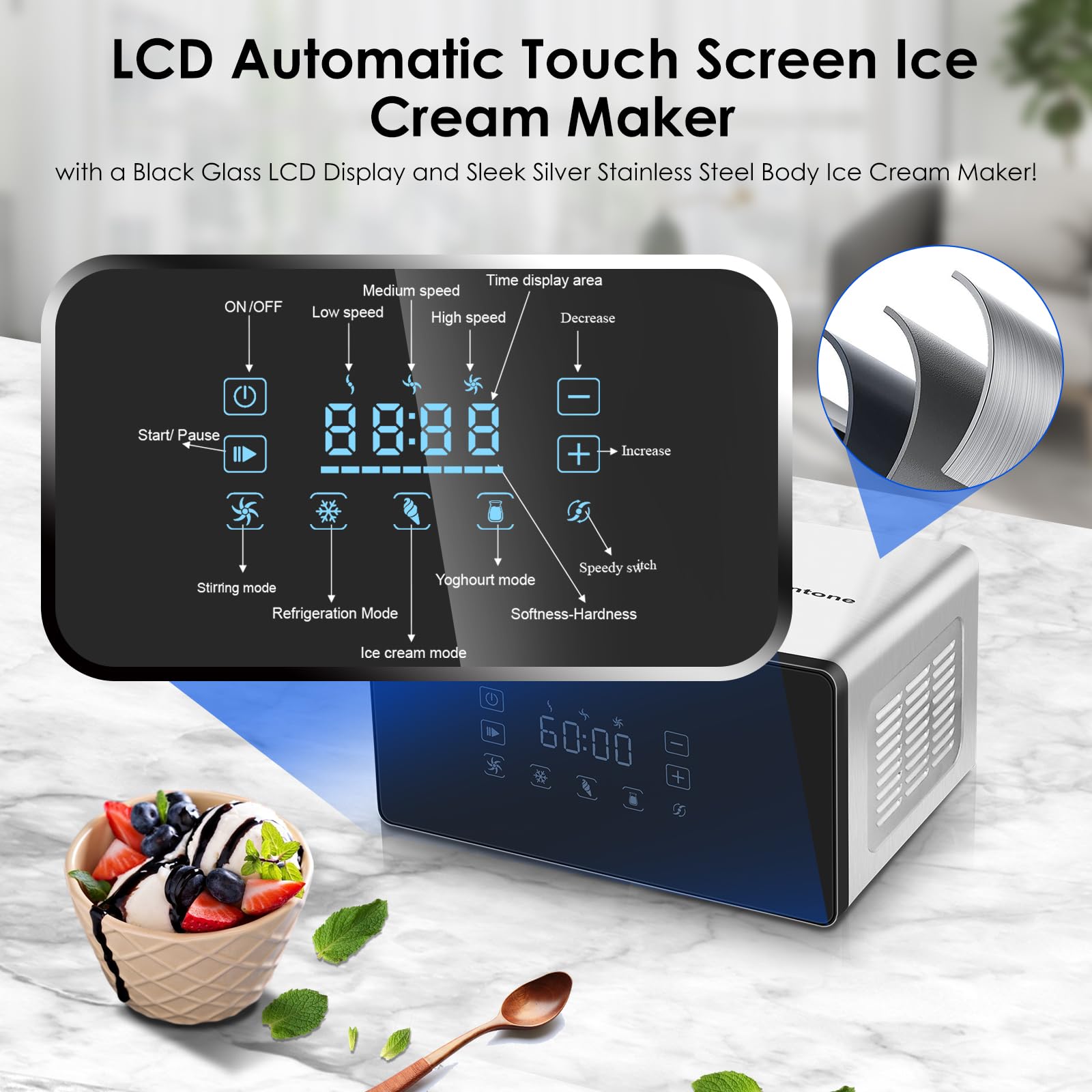 Homtone Ice Cream Maker Fully Automatic with Compressor, 4 Modes, Adjustable softness, Adjusted Speed 1.6 Quart Ice Cream + Yogurt Maker, LCD Touch Screen Homemade Soft & Hard Ice Cream Machine