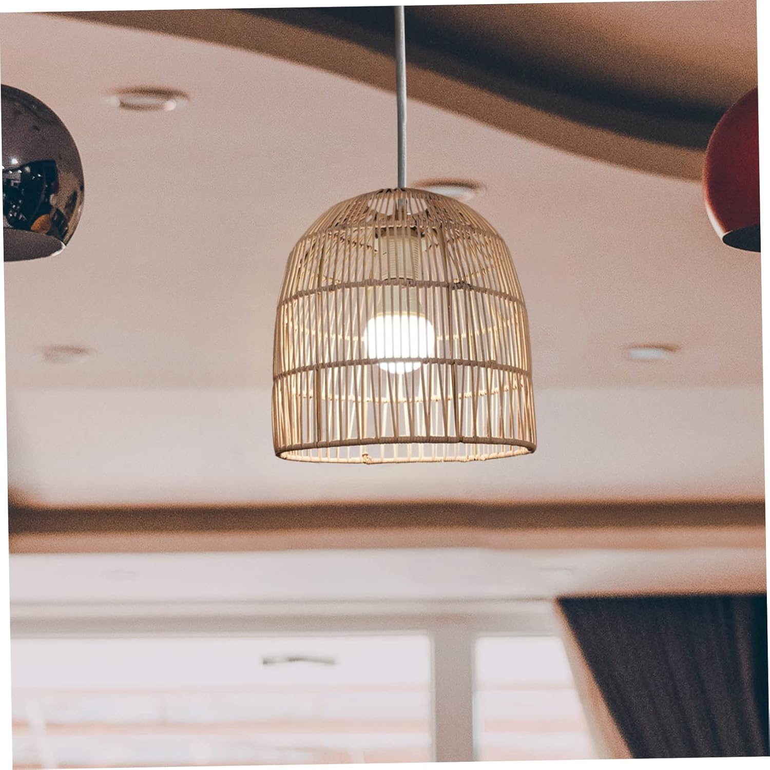 TEHAUX Vintage Style Rattan Lampshade Ceiling Light Fixture Cover for Bedroom Decor