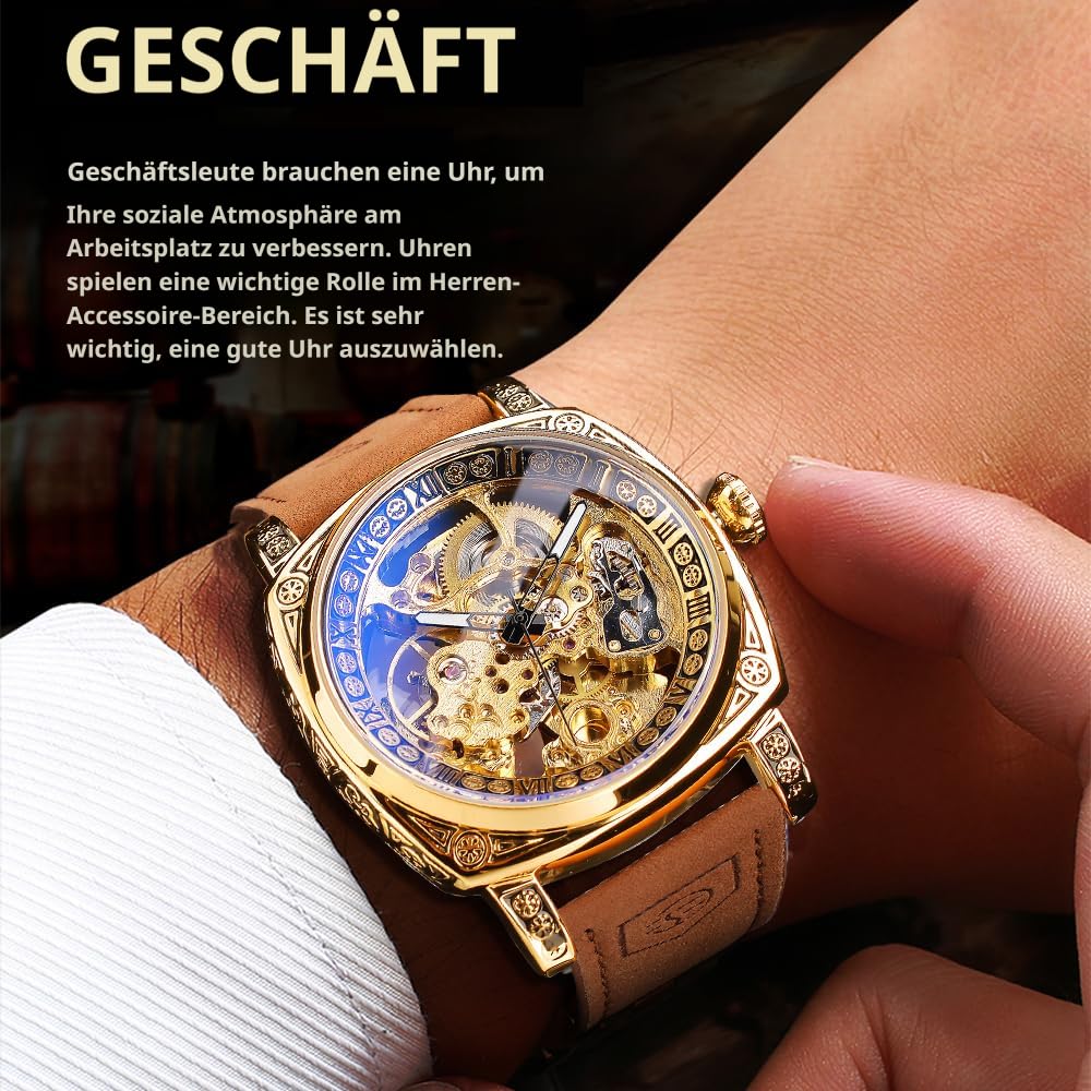 FORSINING Fancy Uhren für Männer, quadratische Retro mechanische Uhr Self-Wind geschnitzt, Gear Uhrwerk Golden Skelett Luxus Automatische Uhren Vintage Lederarmband Armbanduhr