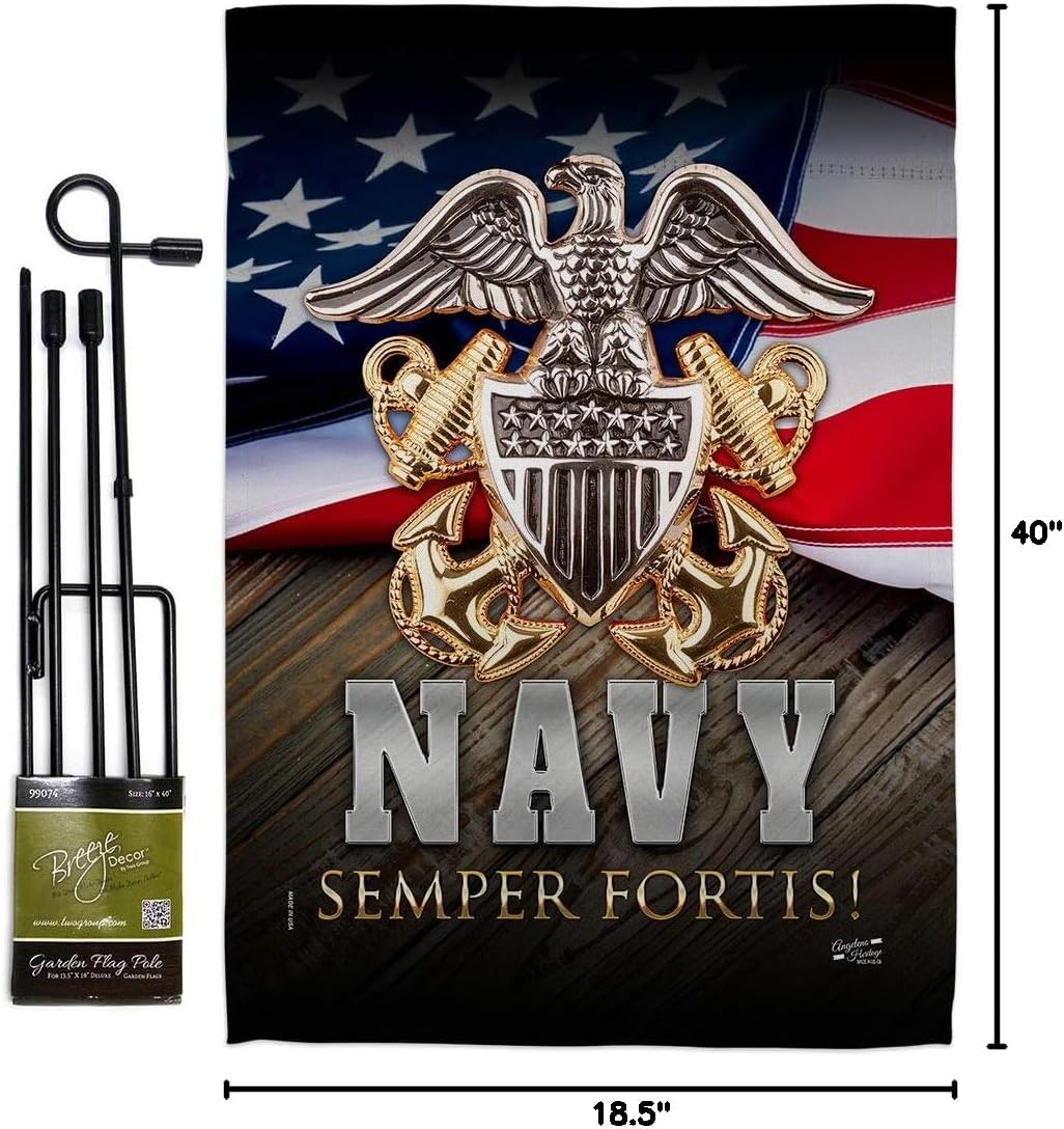 US Navy Semper Fortis Garden Flag Set with Stand Armed Forces USN Seabee United State American Military Veteran Retire Official Small Gift Yard House Banner Double-Sided Made In USA 13 X 18.5