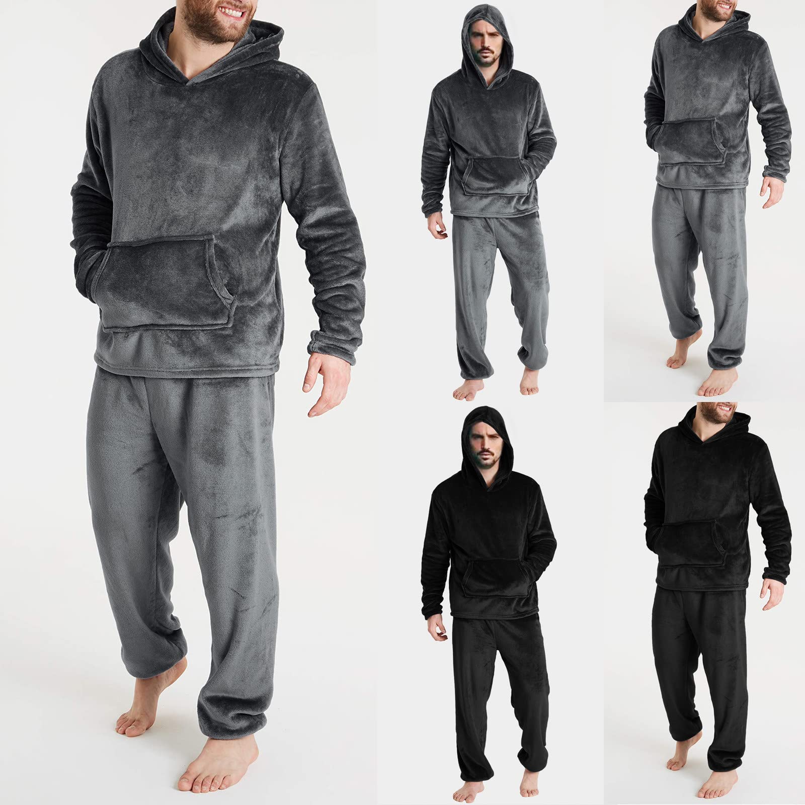 Pigiama da uomo in flanella, in pile spesso, con cappuccio e pantaloni da pigiama, in due pezzi, tinta unita, morbido, con tasca, delicato sulla pelle, con cappuccio