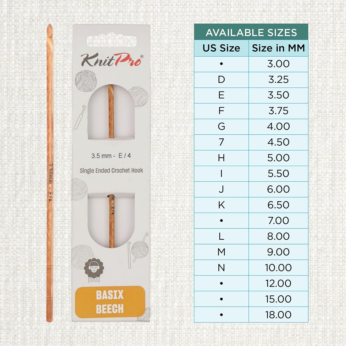 KnitPro Basix Beech Single Ended Crochet Hook, Natural, 3.50mm - Image 4