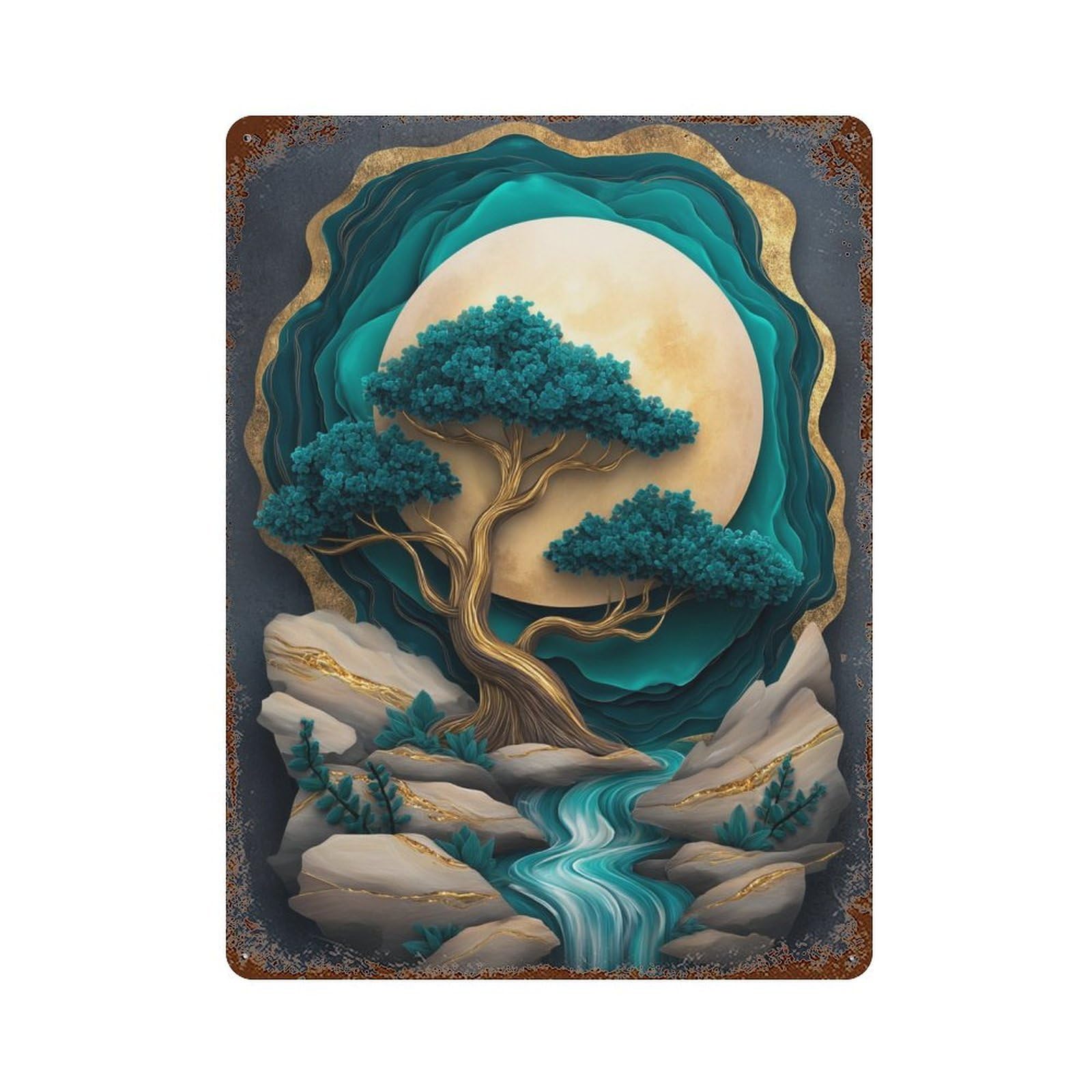 Serene Moonlit Forest Scene Weathered Tin Sign 15.7"x11.8", Ideal for Patio, Garden Room And Bar Decor