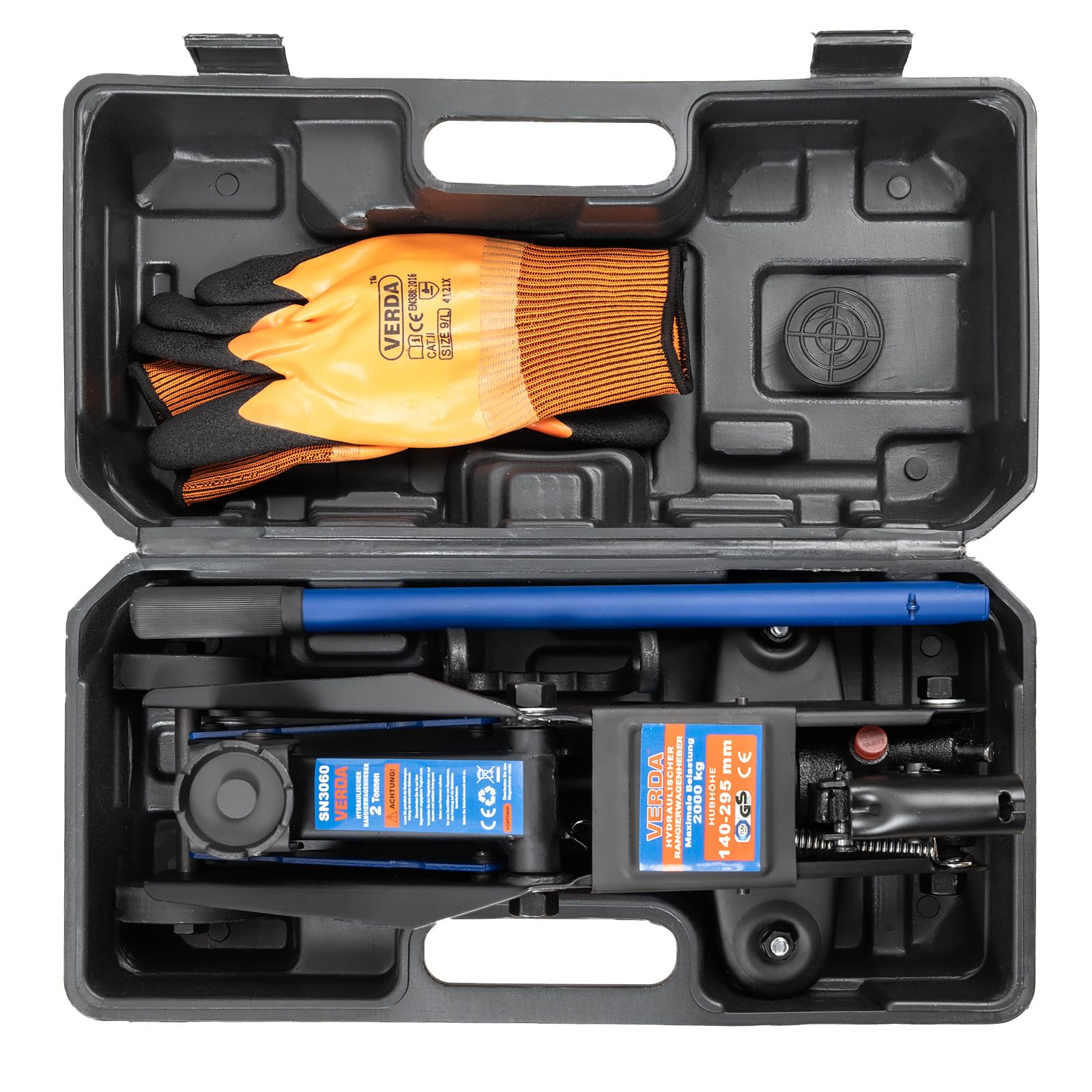 Cric hydraulique 2T, 140–310 mm, avec Patin en Caoutchouc Extra Plat, pour SUV et Jeep, cric rouleur avec Mallette de Transport pour véhicules Tout-Terrain, incluant des Gants