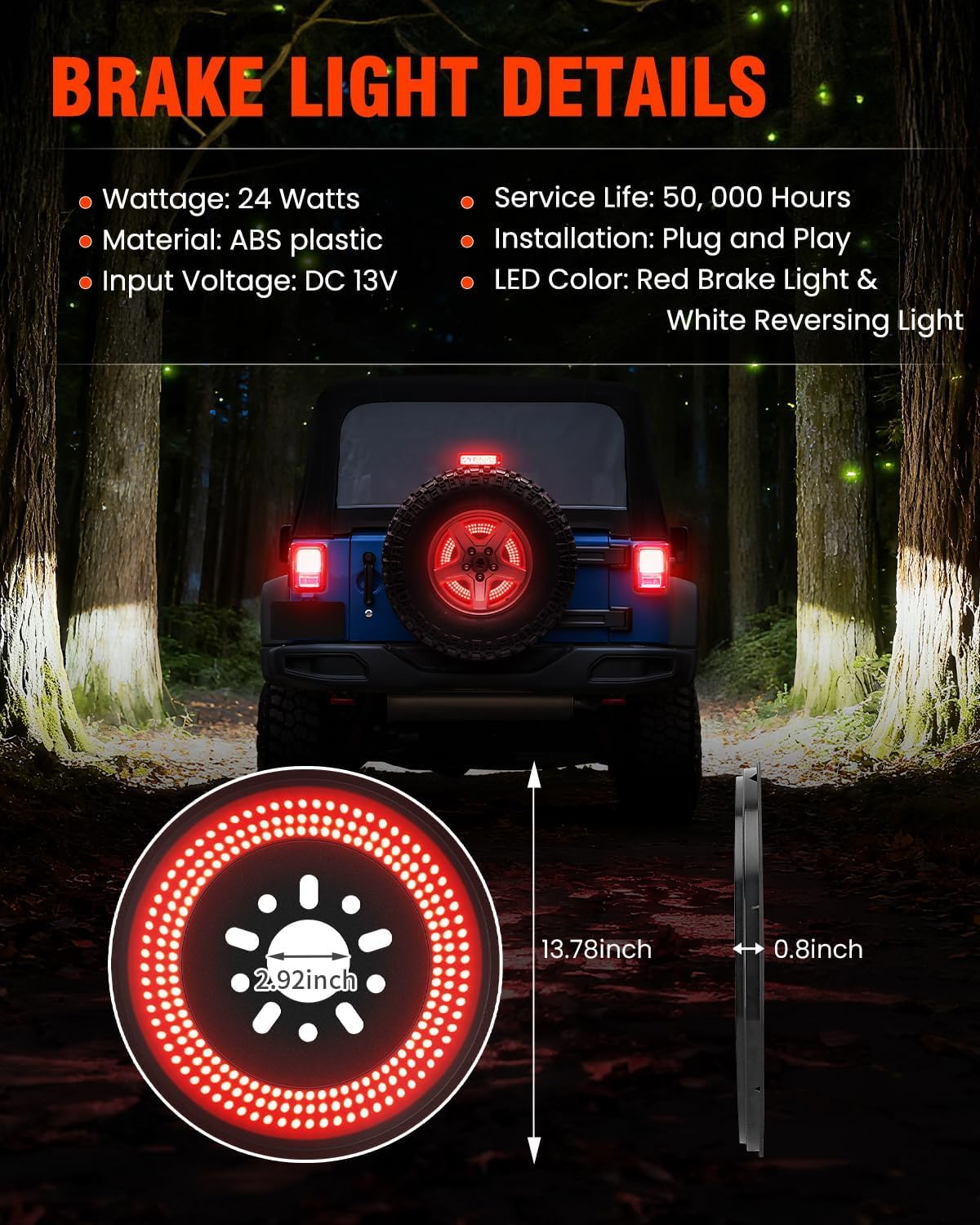 Spare Tire Brake Reverse Light Fits for Jeep Wrangler JK & JKU 2007-2018, Large Lighting Area Super Bright Red Ring Brake Tire Light, Plug-N-Play Rear Spare Lights for Wrangler JK & JKU Accessories