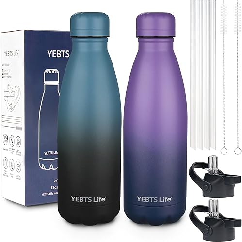 Botella de agua aislada, paquete de 2 botellas de agua de acero inoxidable de 12 onzas con tapa con pajilla, botellas de agua deportivas de metal