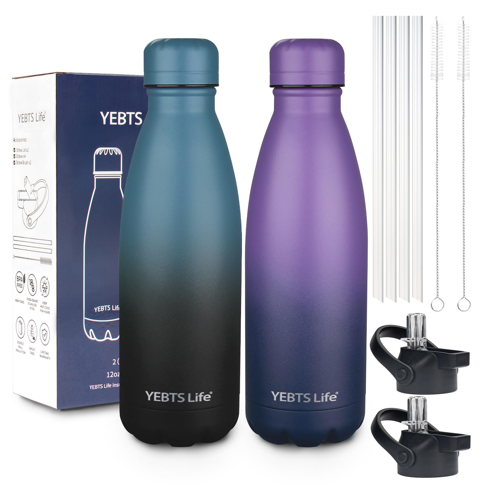 Insulated Water Bottle,2 Pack-12oz Stainless Steel Water Bottles with straw lid,Metal Sports Thermos Water Bottles for Boys,Girls,Double Wall Vacuum