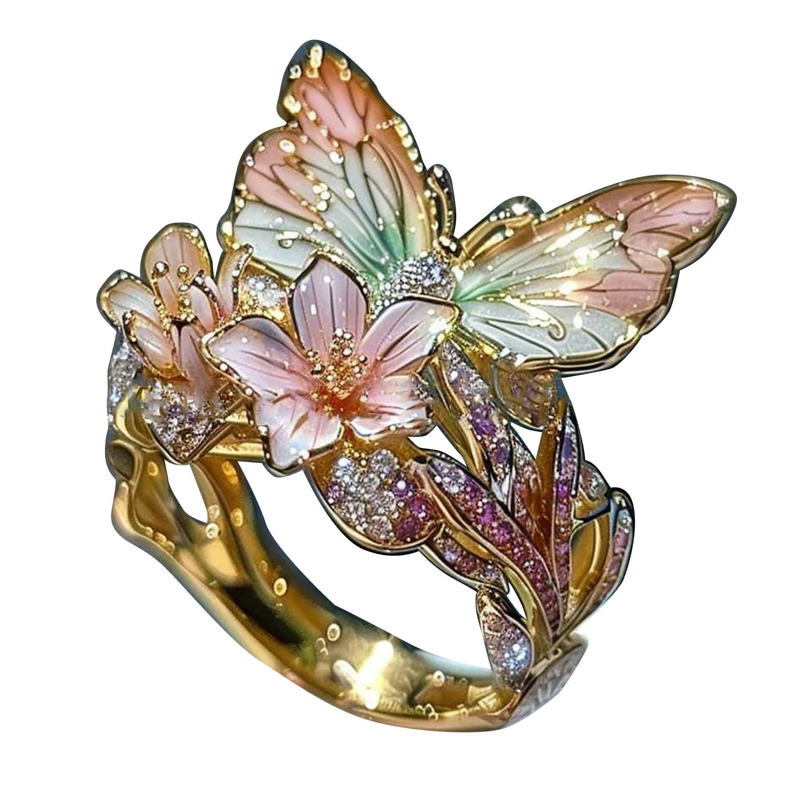 XiahiumButterfly Language Butterfly Open Ring Design Sense Cold Wind Advanced Sense Design, Fairy Butterfly CZ Paved Platinum Plated Fashion Party Cocktail Ring Wide Band for Women