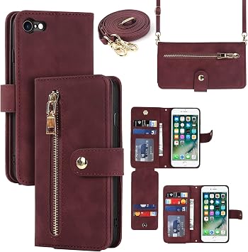 Pelanty Rope Case for iPhone SE 2020/SE 2022/7/8 Notebook Type Case iPhone SE 2nd Generation/3rd Generation Wallet Cover Handrope Shoulder Shoulder Strap IC Card Pocket Bill Purse Coin Purse Large