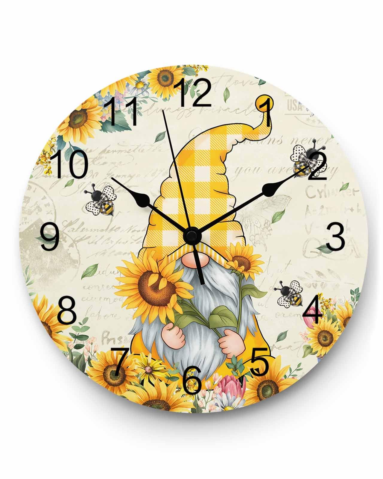 Ensound Wall Clock Ellow Sunflower Gnome Clocks Wooden Silent Non-Ticking Battery Operated Decorative Bee Farmhouse Beige Round Clock for Home Living Room Kitchen Bedroom Office School 12 Inch