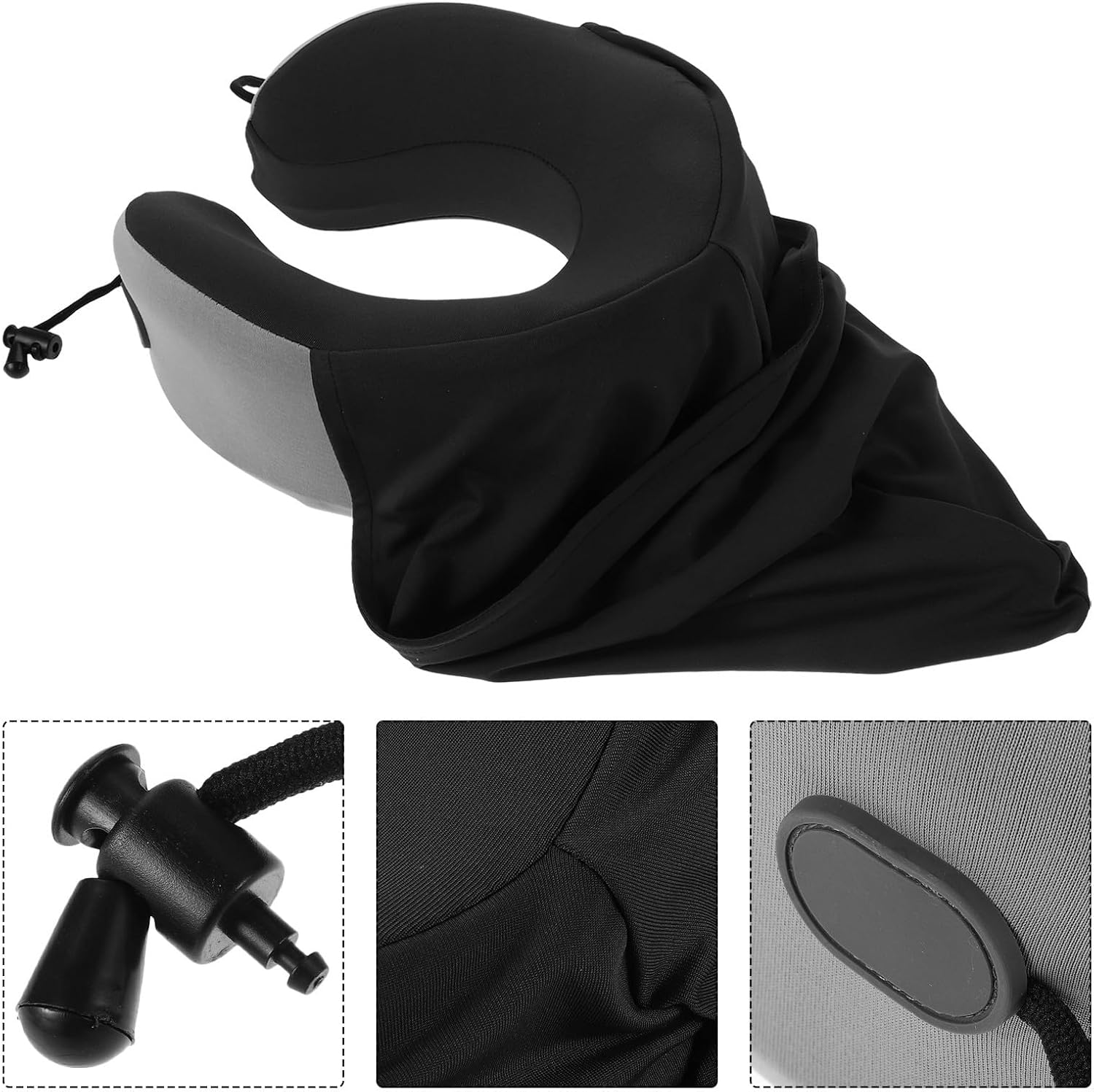 KALLORY Memory Foam Travel Neck Pillow with Hood and Storage Bag for Adults | Adjustable Fit, Portable Storage, Easy to Clean Cloth Cover, Home Office Use