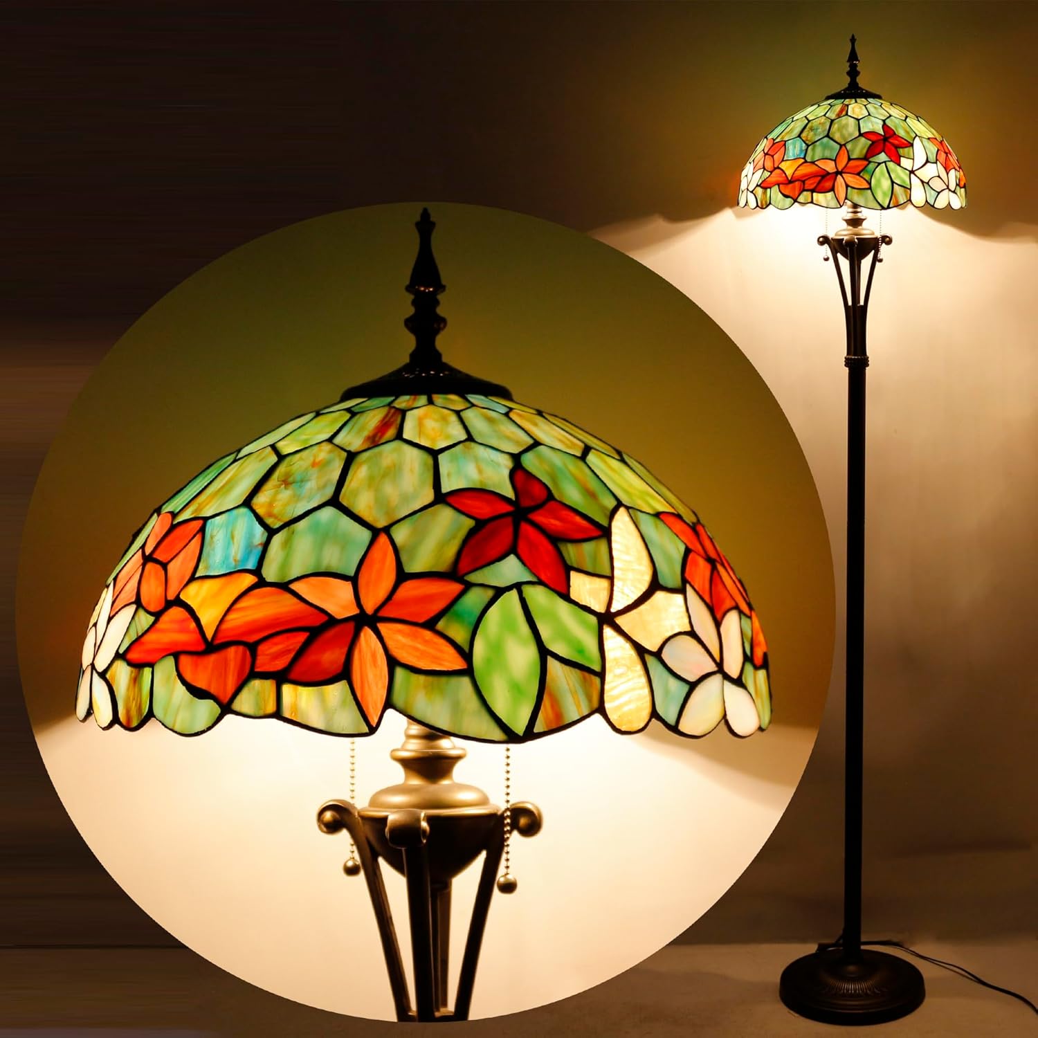 Tiffany Floor Lamp Red Yellow Green Flowers Stained Glass Standing Reading Light 16X16X70 Inches Antique Pole Corner Lamp Decor Bedroom Office Living Room