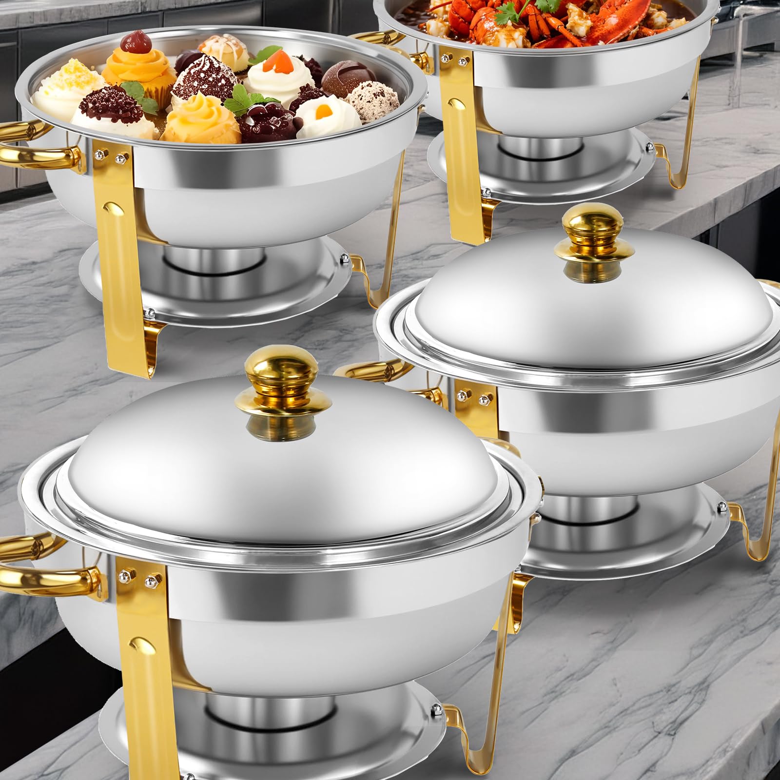 PRIJESSE Chafing Dish Buffet Set Full Size Stainless Steel, Golden Round Catering Warmer Set with Food and Water Trays for Kitchen Party Banquet (5QT 4 Pack)