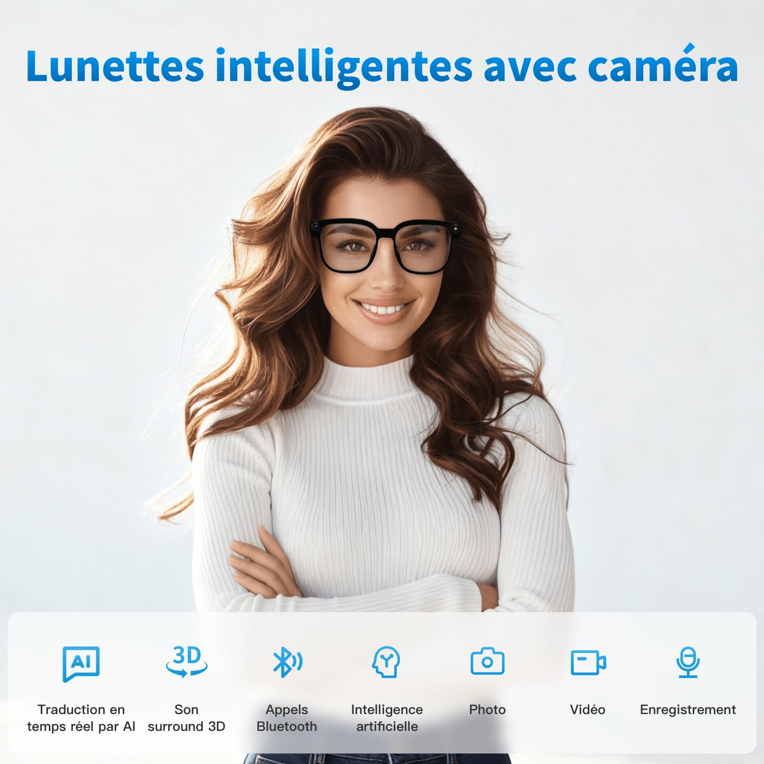 Lunettes intelligentes AI 32 Go avec caméra HD 4K, Lunettes avec caméra Anti-tremblement 8 MP, Prise en Charge de l'enregistrement vidéo, Traduction en Temps réel, Verres photochromiques - 2