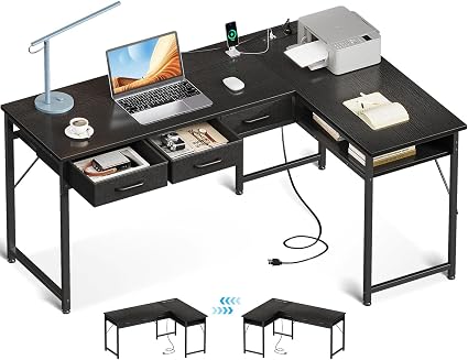 AODK L Shaped Computer Desk with 3 Drawers & Power Outlets, 47" L Desk with Storage Shelf, Corner Desk with Spacicious Under Desk Space, Home Office Desk for Laptop Users, Black