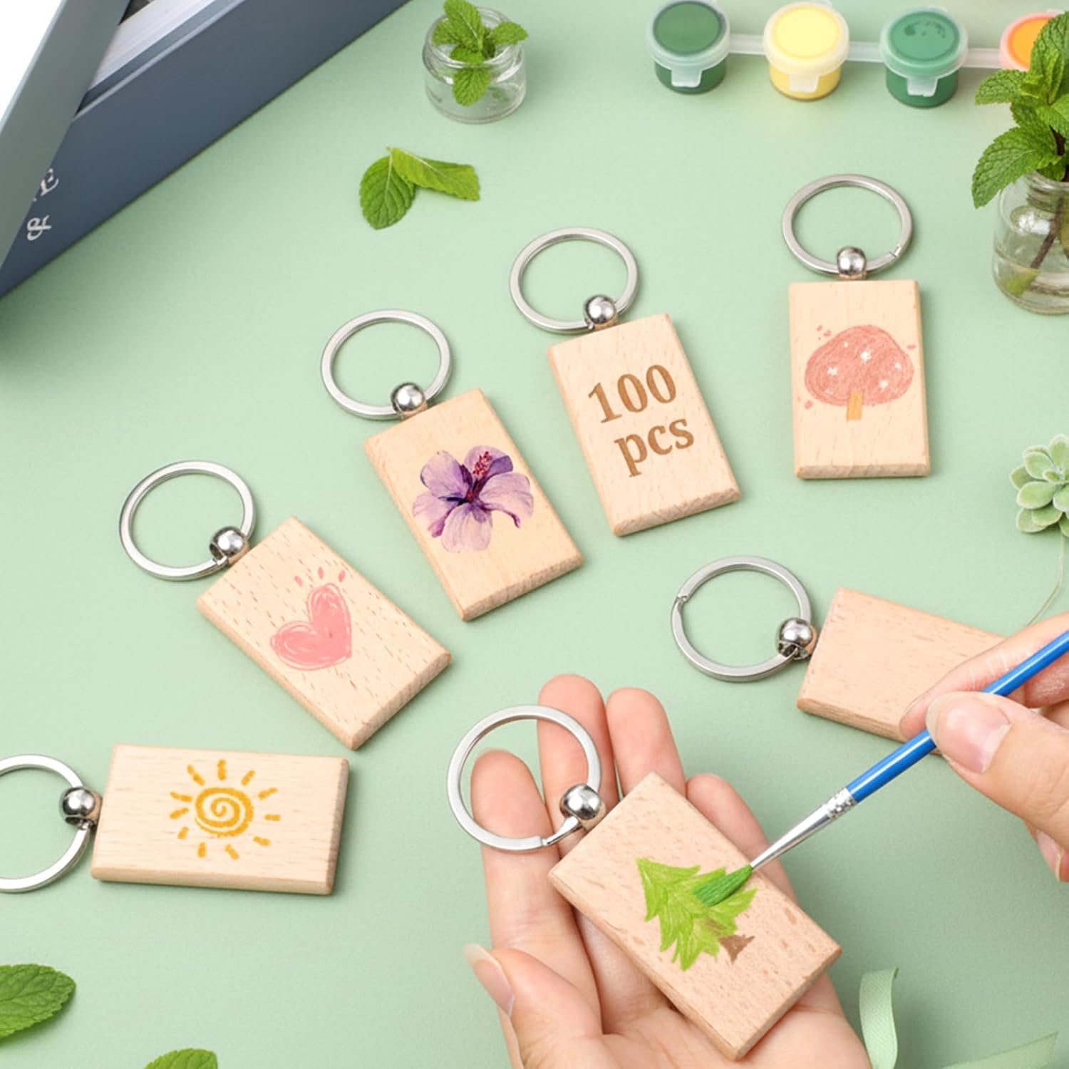 100Pcs Wood Keychain Blank, Unfinished Laser Engraving Blanks with Key Rings Key Tag Rectangular Keychain Ring Tag Wooden Sign Bulk for DIY, Crafts Gift, Pet Tags