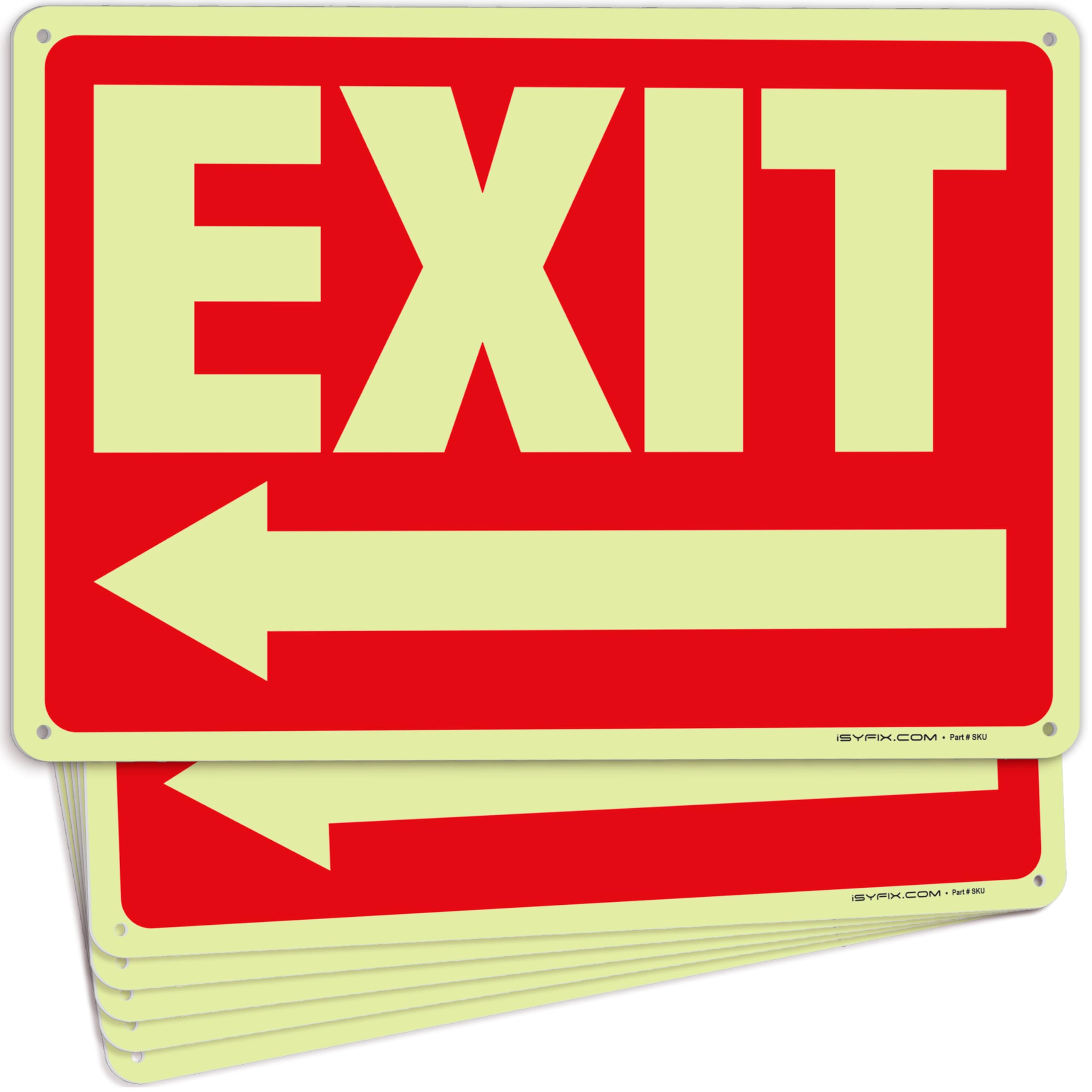 iSYFIX Exit Signs with Directional Left Arrow - 6 Pack 10x7 Inch Glow in the Dark for Business, School, Office, Warehouse - Durable 40 Mil Polystyrene