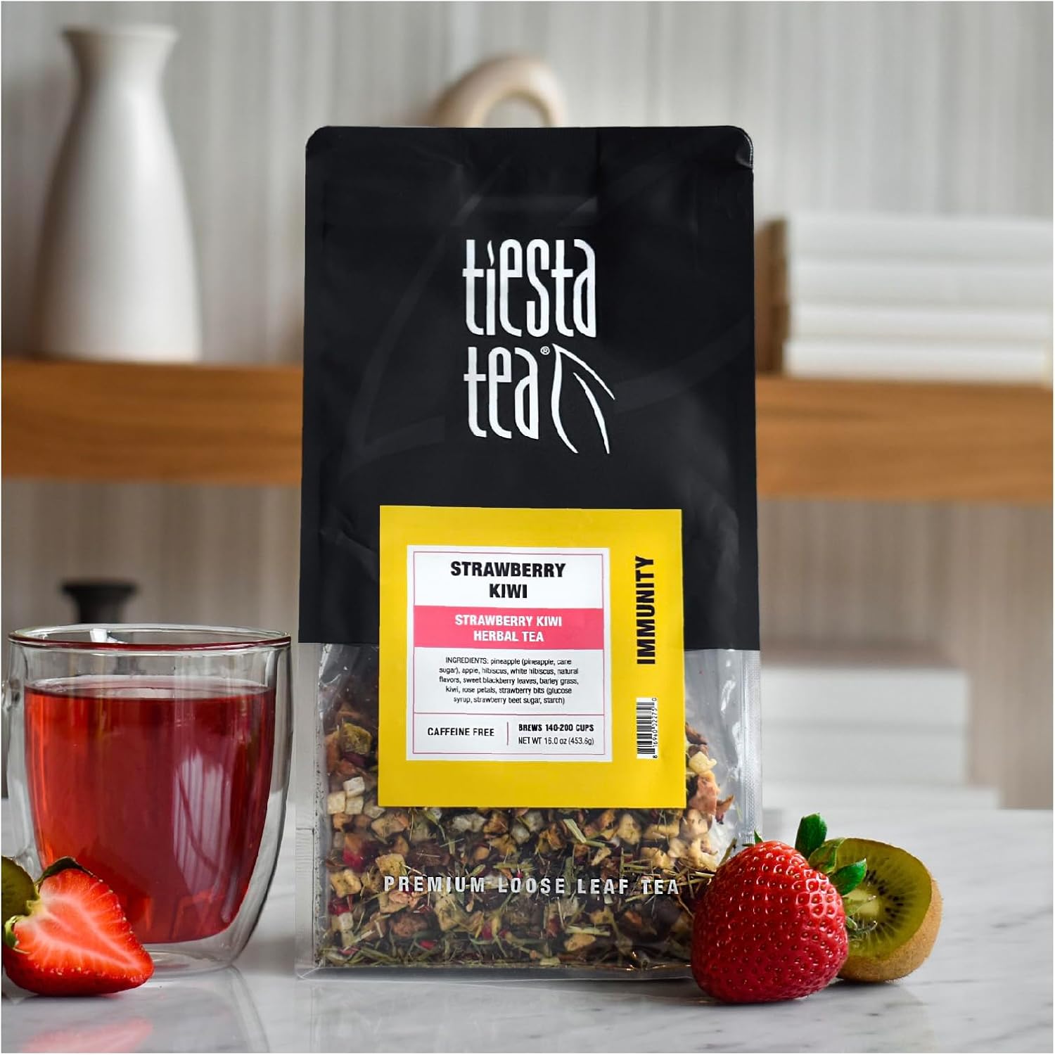 Tiesta Tea - Strawberry Kiwi Herbal Tea, Loose Leaf, Strawberry Hibiscus Kiwi Fruit Tea, Premium Caffeine-Free Herbal Blend, Make Hot or Iced & Up to 200 Cups, 16 oz Resealable Bulk Pouch