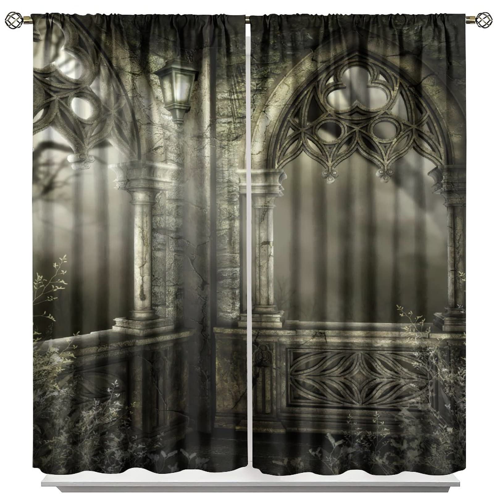 Gothic Arch Curtains, Romantic Castle Mid-Century Style Room Darkening Window Rod Pocket Curtain for Living Room Bedroom Bathroom W42xL63in