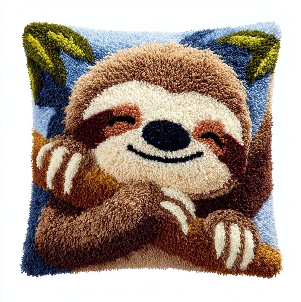 WallustrioaW Latch Hook Cushion Kits,Sloth,Latch Hook Pillow Case Kits Embroidery Carpet Set,DIY Needlework Sofa Cushion,17x17in